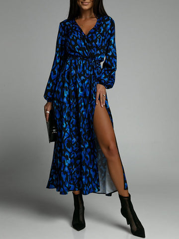 Woochic robe longue léopard fendu le côté v-cou manches bouffantes manches longues mode de cocktail Bleu S